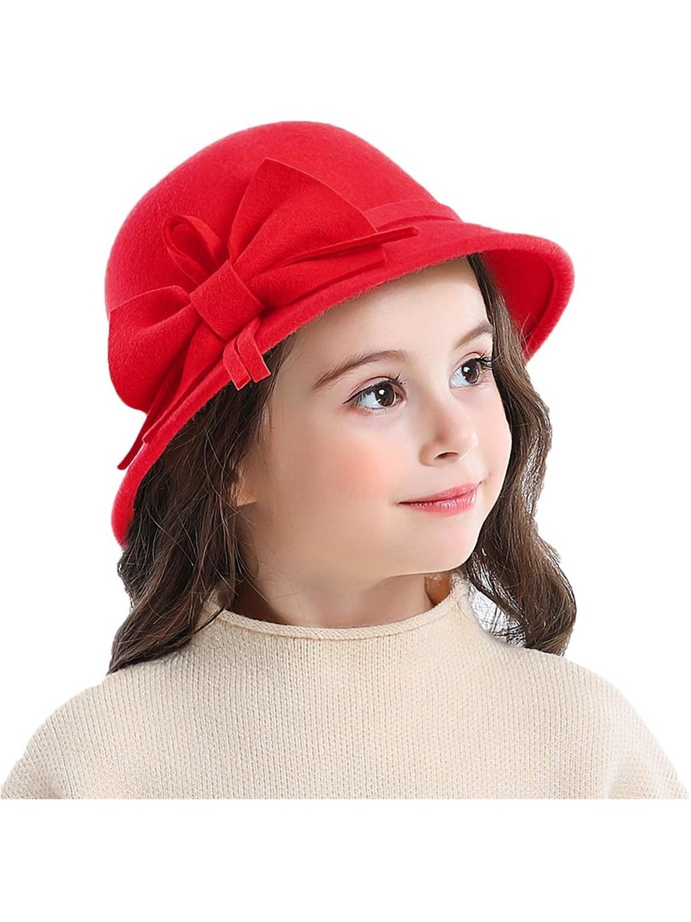 Red Wool Girls Bucket Hat  Bowknot Cloche Fedora Winter One Size NWOT